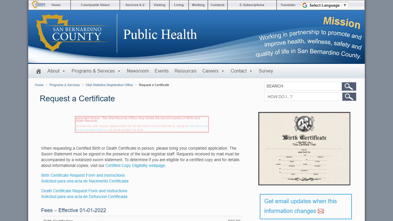 Request a Certificate | Department of Public Health